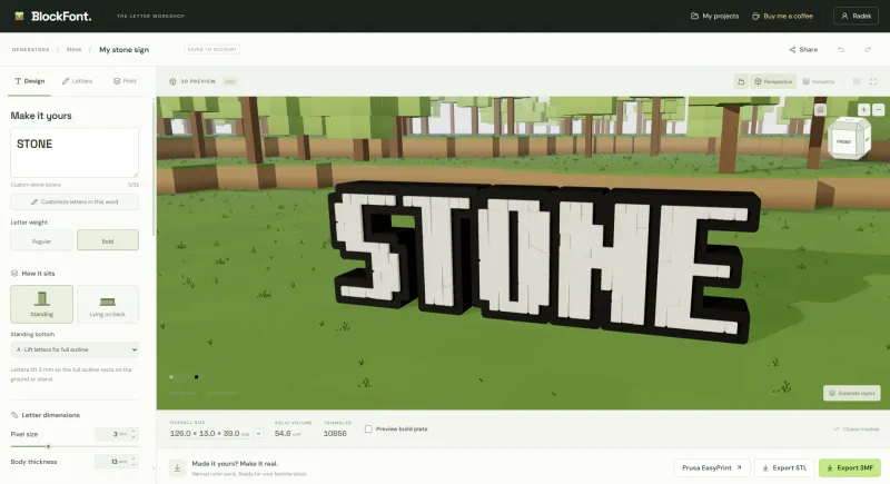 BlockFont editor with a 3D preview of the word STONE in stone block letters