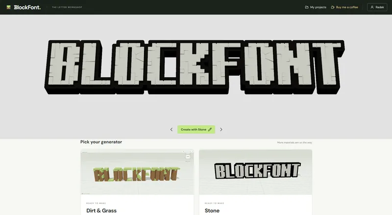 BlockFont home page with the Dirt & Grass and Stone generators